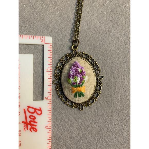 Lavender Bouquet Flower Embroidery Necklace, Handmade Pendant - Picture 3 of 7